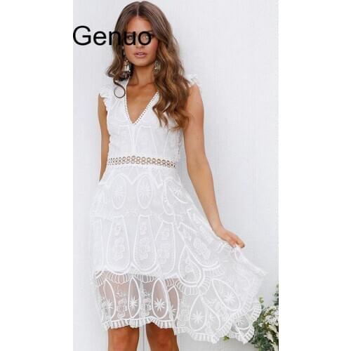 Summer White Lace Dress Sleeveless Backless V Neck See Through Transparent Black Sexy Beach Dress Robe Femme