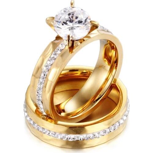 Fashion Women Men Lovers Color Gold Stainless Steel Girls Angel Round White Crystal Zircon Engagement Wedding Rings Jewelry