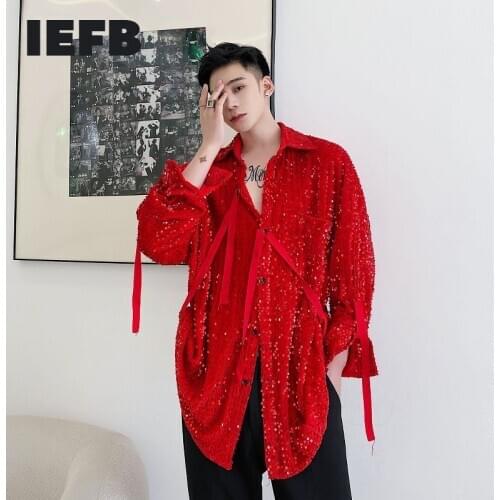 IEFB /mens wear Single-product velvet sequins fashionable lace-up large size black red shirts for male Autumn new tops 9Y4068
