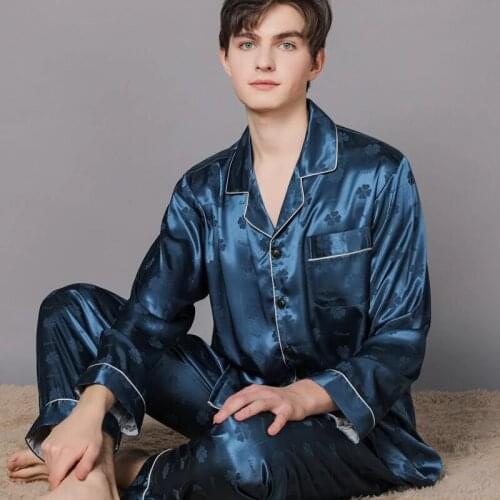 Mens Sleepwear Lightweight Satin Pajamas Long Sleeve Home Suit Silk Pajamas Large Size Homewear for Men Pyjamas Soft Lounge Set