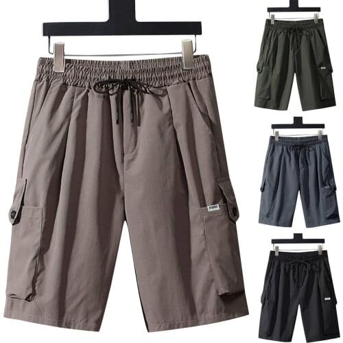 Mens Casual Daily Shorts Comfy Knee Length Cargo Pants Solid Drawstring Pocket Button Shorts High Quality Simple Loose Shorts