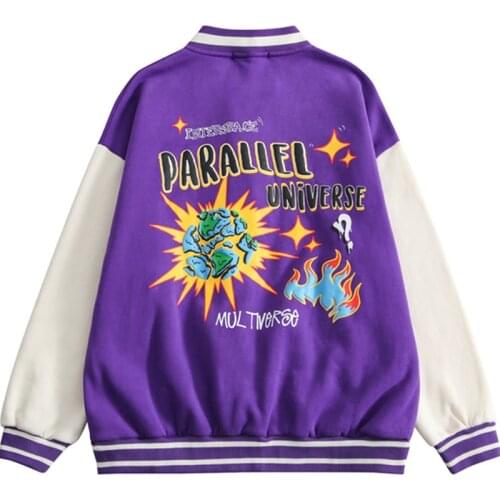 Men Vintage Baseball Jackets Fleece Fun Cartoon Print Splicing Varsity Jackets Winter Warm Winter Purple Coat Oversized Couple