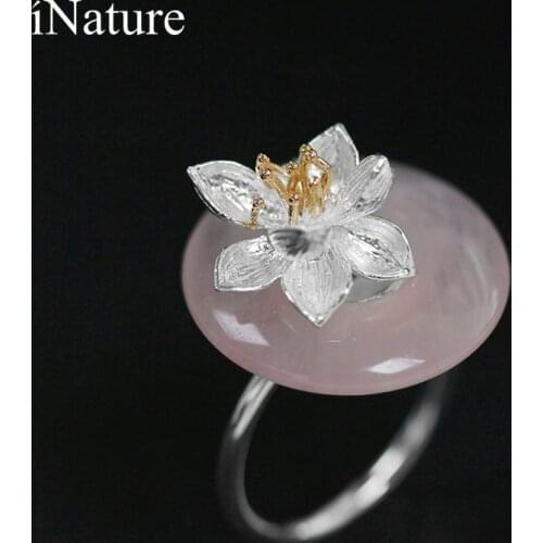 INATURE 925 Sterling Silver Natural Stone Lotus Flower Wedding Ring Fine Jewelry