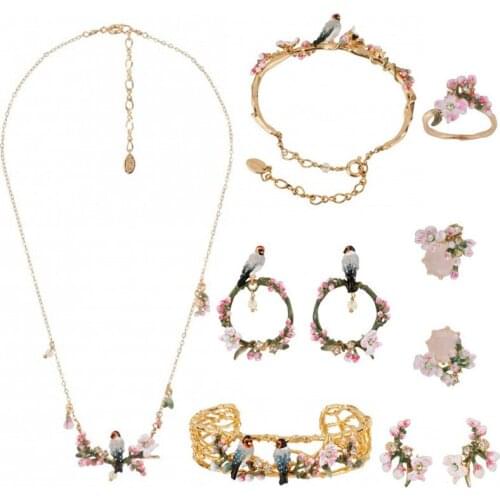 New Fashion Cherry Blossom Bird Series Enamel Glaze Pink Flower Bird Necklace Bracelet Bangle Stud Earring Earrings Ring Female