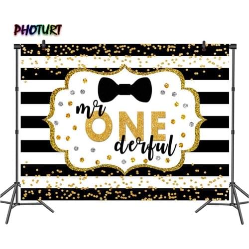 PHOTURT Mr Onederful Backdrop Boy 1st Birthday Background 3 Option Golden Glitter Tie Vinyl Photo Photography Studio Props