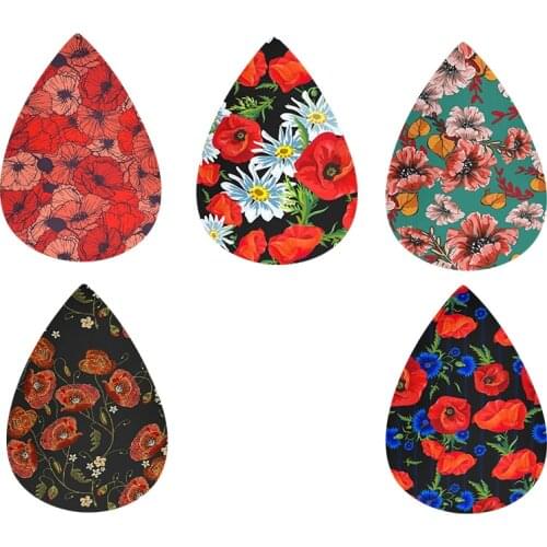 Accept Diy Popular Poppy Floral Red Pattern Print Leather Teardrop Earrings 20Pcs/10Pairs/Mixcolor