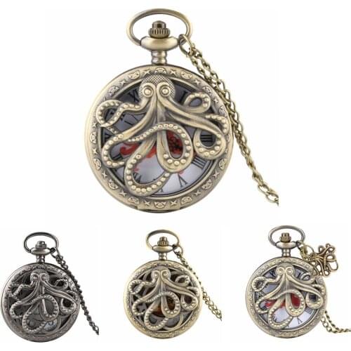 Classic Bronze Octopus Half Hunter Pocket Watch Men Quartz Charming Hollow Clock Necklace Chain with Pendant Gift for Kids