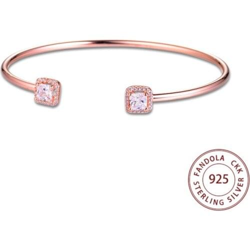 Rose Open Cuff Bangle Argent 925 Sterling Silver Clear CZ Bangles Bracelets for Women Fine Jewelry Gift Pulseras Wholesale