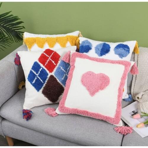 Pink Love Diamond Cushion Cover Moroccan Style Sofa Pillow Case Geometric Shape Tufted Towel Embroidered Pillow Case