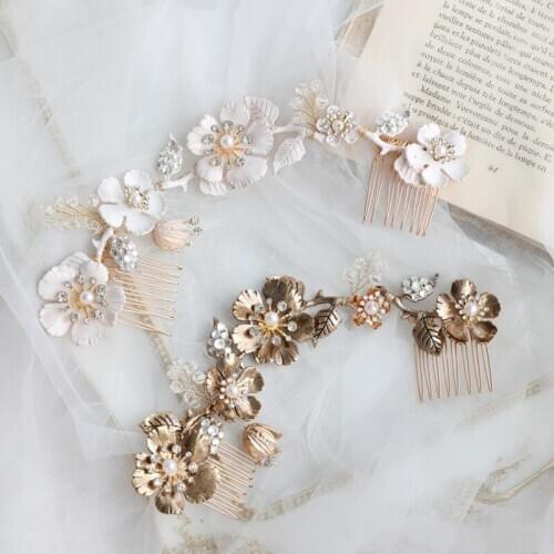 Wedding Long Hair Comb Antique Gold Floral Bridal Headpiece Leaf Handmade Women Hair Crown Accessories