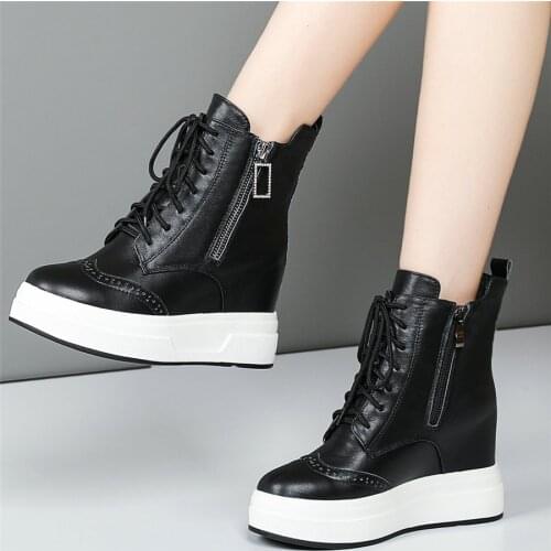 Platform Oxfords Shoes Women Genuine Leather Wedges High Heel Ankle Boots Female Lace Up Fashion Sneakers High Top Casual Shoes