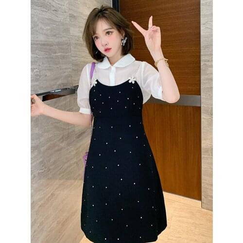 Top Quality Lapel perspective shirt+Two piece dress with hot drill flower sling