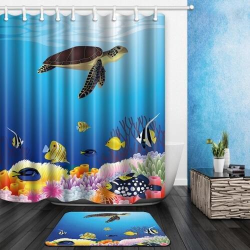 Cartoon Sea Turtle Shower Curtains Set Ocean Animal Fish Coral Child Bathroom Decor Home Bath Bathtub Curtain and Flannel Carpet