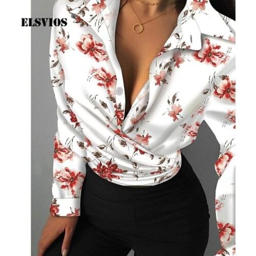 New Fall 2021 Women Blouse Sexy Deep V Long Sleeve Slim Fashion Chain Flower Print Shirt Top Spring Elegant Ladies Office Blouse