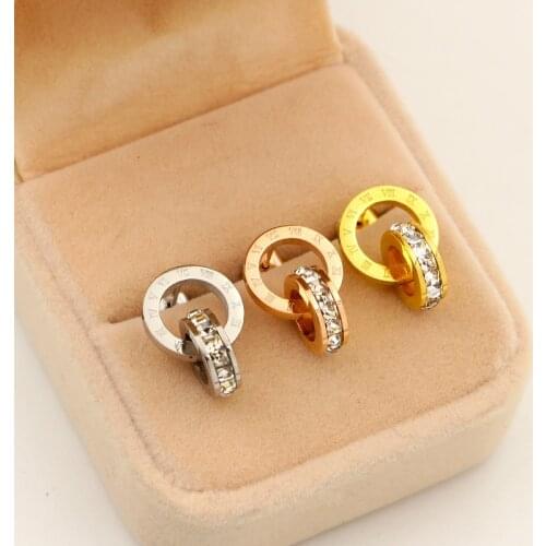 Stainless Steel Fashion Double Circle Engraved Roman Numerals Shinny Square Stone Lady Stud Earrings for Women Jewelry Gift