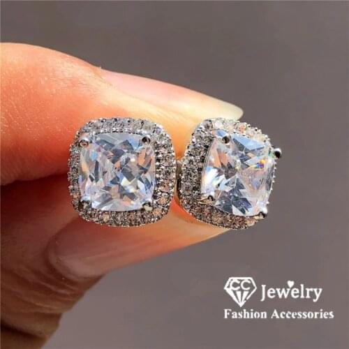 S925 Silver Stud Earrings For Women Bridal Wedding 7*7mm Cubic Zirconia Square Engagement Earring Brincos Drop Shipping CCE643