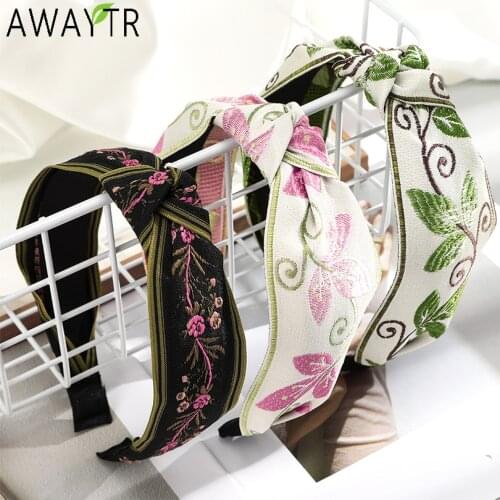 AWAYTR New Retro Knotted Headband Embroidery For Women Hair Accessories Girls Flower Hairbands Hair Hoops Band Headwear Bezel