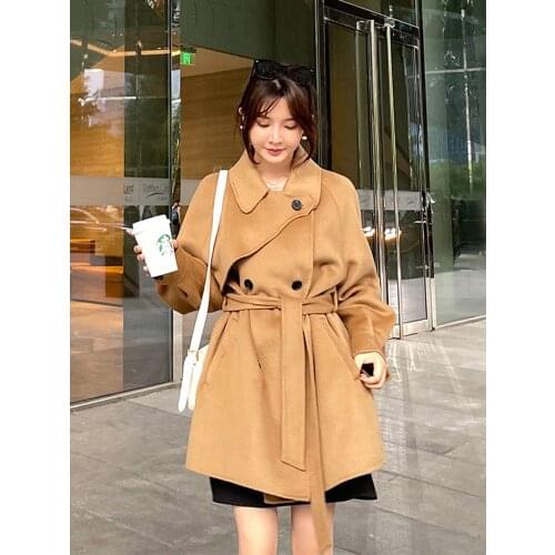 Double sided cashmere coat womens 2021 new winter high-end temperament small man loose and thin tweed coat