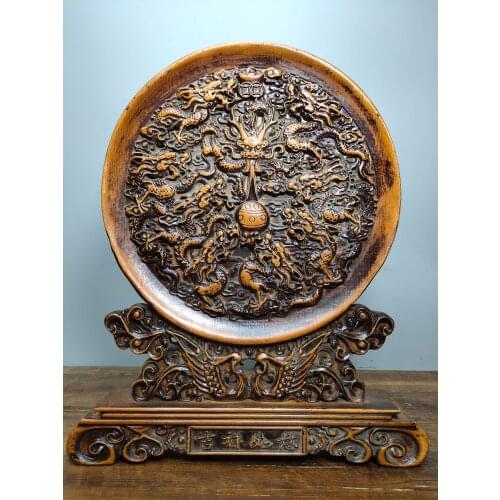 14" China Lucky Old Boxwood Hand-carved Nine Dragons Playing Pearl screen Ornaments Town House Exorcism Ward off evil spirits