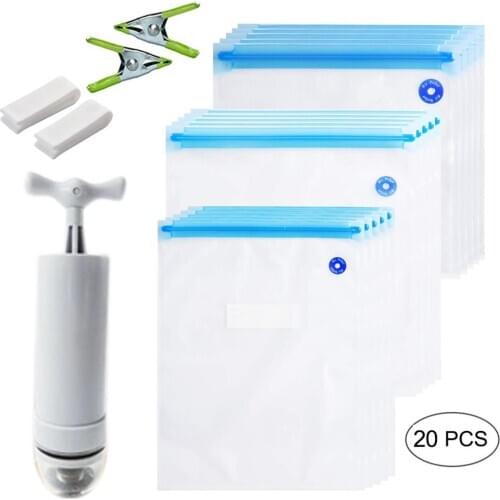 20/17Pcs Bag Kits Reusable Food Storage Vacuum Seal Bags With Hand Pump Bags Sealing Clips Food Wrap For Food Storage Freezing