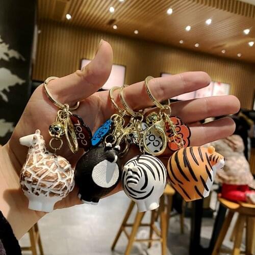 Korean Trendy Women Cute Animal Jewelry Keychain Tiger Giraffe Pendant Bag Charms Ornament Girl Chubby Zebra Cat Keyring Trinket