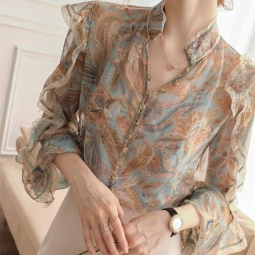 Temperament Women Spring Summer Blouses Shirt Women Print Three Quarter Button Ruffles Elegant Casual Tops DM0050