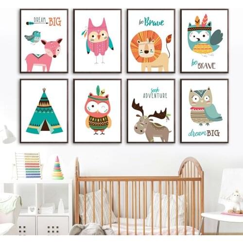 Cartoon Cute Lion Deer Owl Tent Baby Nursery Wall Art Canvas Painting Nordic Posters And Prints Wall Pictures Kids Room Decor