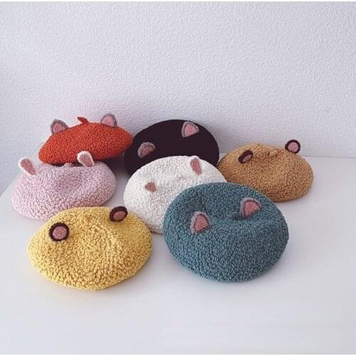 Children Cartoon Plush Beret Autumn and Winter Cute Boys and Girls Solid Color Baby Concave Shape Painter Hat Navy Hats