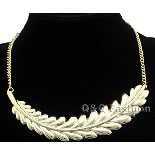 Tribal Gold Big Curved Tree Leaf Branch Feather Link Chain Chunky Bib Necklace Statement Jewelry