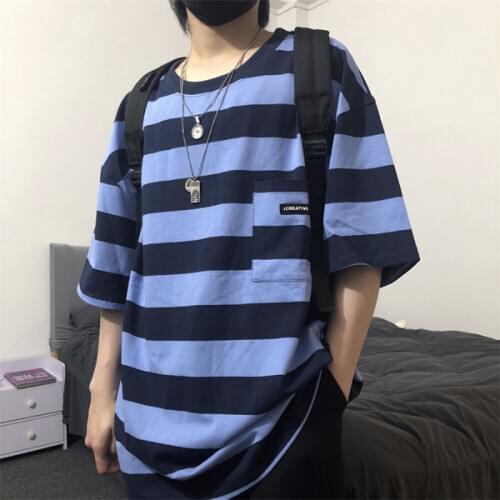 Hot Hip Hop Stripe Youthful Vitality Short Slevees t Shirt Harajuku Loose Unisex Punk Style Casual Top Kpop Pullover Streetwear
