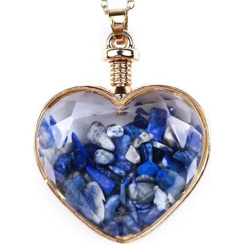 FYSL Light Yellow Gold Color Love Heart Lapis Lazuli Pendant Tourmaline Stone Necklace Wish Bottle Jewelry