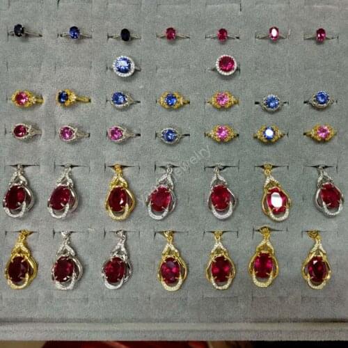 Hot Sale Lab Created Synthetic Round Shape Red Corundum Blue Corundum Stone Brass Copper Ring Female Party Birthday Jewelry