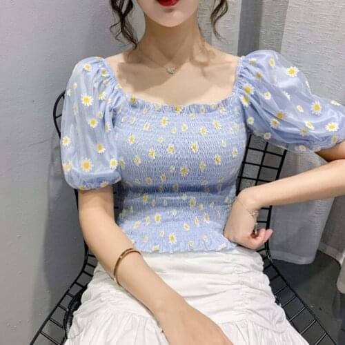 ITOOLIN Puff Sleeve Off Shoulder Tops Women Chrysanthemum Floral Ruffle Chiffon Blouses Female Gauze Stretchy Slim Crop Top