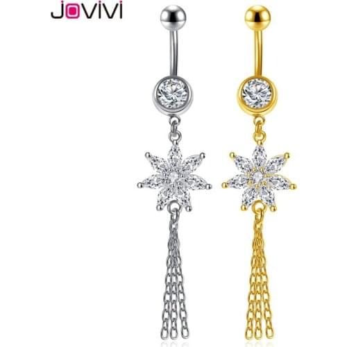 Jovivi New Zirconia Tassel Navel Belly Button Ring Stainless Steel Sexy Dangle Navel Ring Belly Piercing 14G Women Body Jewelry