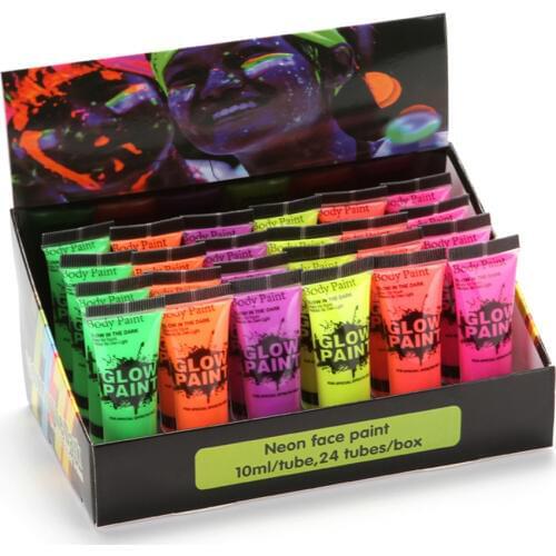 24 Tubes Art Body Paint Glowin Dark or UV Light Face & Body Paint Glow Blacklight Neon Fluorescent for Party Clubbing Festival