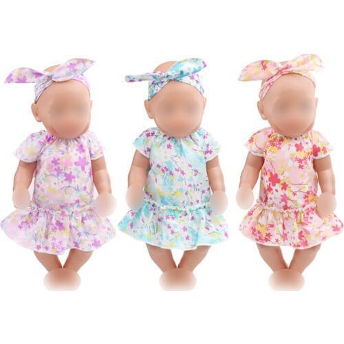43 cm baby dolls Dress newborn Small fresh print dress + hair band Baby toys skirt fit American 18 inch Girls doll f524