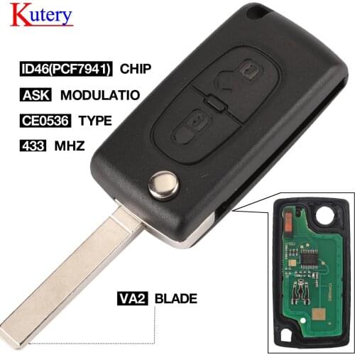 Kutery 2 Button Car Remote Key Fob ID46 Chip PCF7961 ASK For Peugeot 207 407 807 partner 433MHz CE0536 Auto Folding VA2 Key