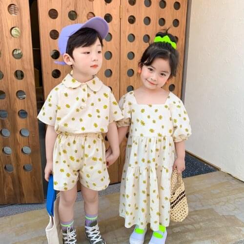 Summer Boys Girls Brother Sister Matching Outfits Kids Boys Clothes Suit+Princess Girls Dress Korean Style Children Clothes Set