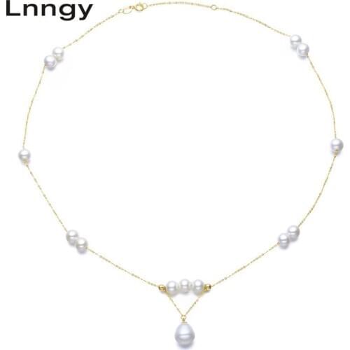 Lnngy 18K Jewelry Yellow Gold Link Necklace Natural Freshwater Pearl Choker Necklace for Women Engagement Choker Elegant gifts