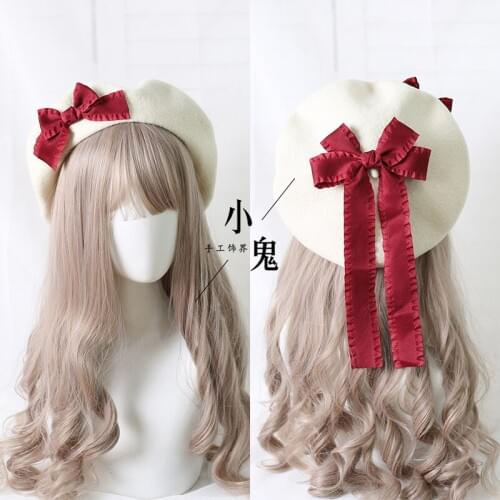 Japanese Style Sweet Lovely Lolita Beret Kawaii Bowknot Ribbon Painter Hat Vintage Handwork Fashion Autumn Winter Warm Flat Cap