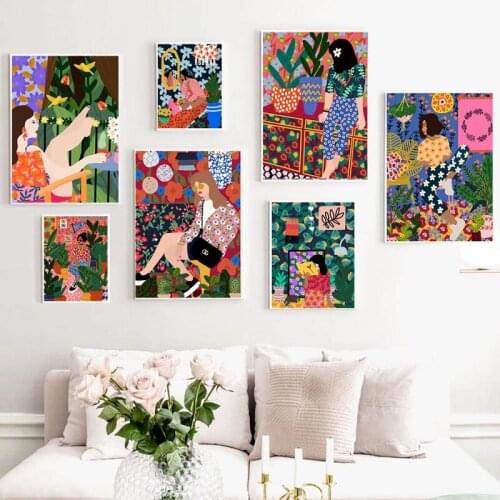 Fashion Retro Girl Potted Plants Canvas Printing Abstract Art Oil Painting Nordic Poster Living Room Decorative Wall Picture