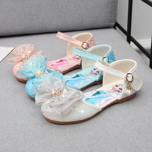 Disney cute bow fashion girls princess shoes Korean style hollow word with buckle rhinestone single shoes elsa princess shoes