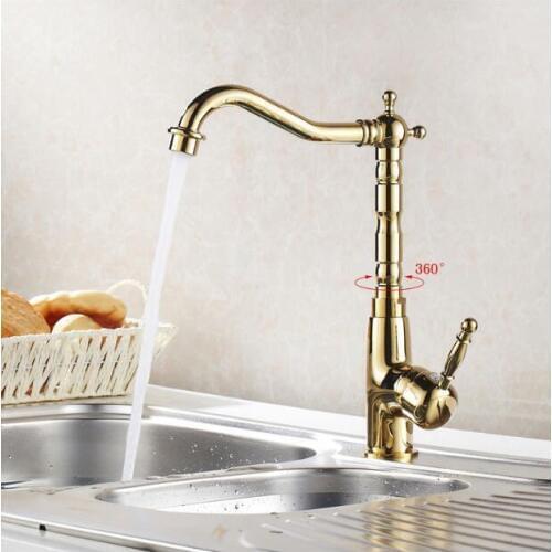 Fashion High quality brass gold finished 360 degree rotating hot and cold no lead safe kitchen sink faucet free shipping