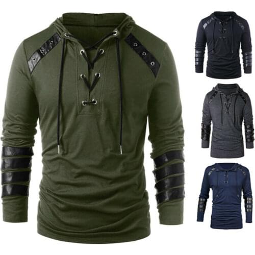 2021 New Mens Gothic Tie Hooded Long Sleeve Casual Fashion T-shirt Top Shirt Sweatshirt