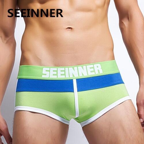 SEEINNER Brand Mens Underwear Wholesale Cotton Soft Color Stitching Sexy Boxers PUSH UP U Convex Design