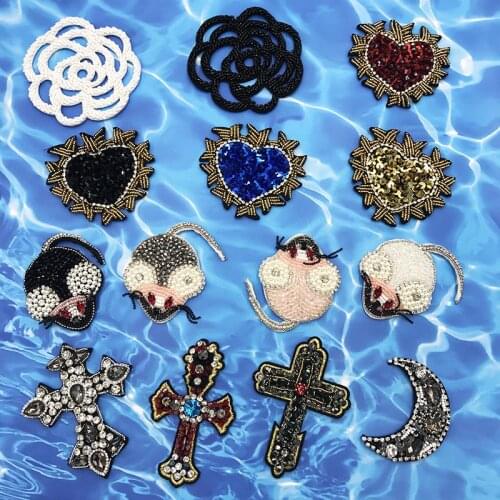 Fire Heart, Flower,Cross, Moon Rhinestone Beaded Patches for Clothes Sew on Applique Clothes Bags Shoes Bags DIY Accessories
