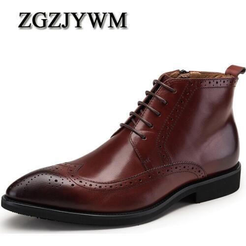 ZGZJYWM Autumn High Quality Mens Genuine Leather Black/Red Pointed Toe Working Mountain Oxford Lace-Up Ankle Boots Size:39-44