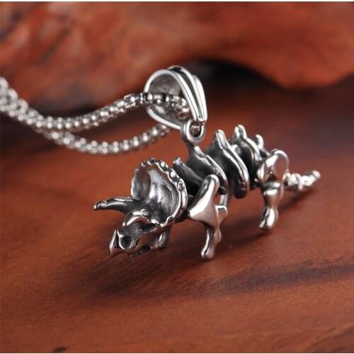 Stainless Steel Mens Dinosaur Skeleton Pendant Necklace Triceratop Titanium Steel Rocker Pendant Punk Biker Hip Hop Jewelry
