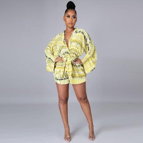 Tie Dyeing Print Beach Rompers Women Bodysuit Deep V Neck Long Flare Sleeve Short Playsuit Early Autumn High Waist Loose Outfit
