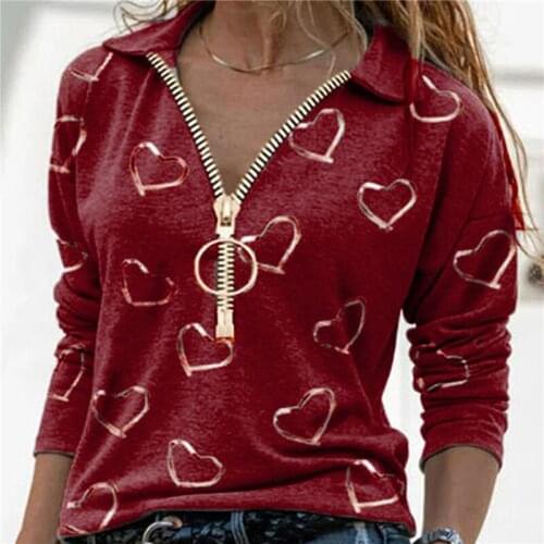 V-Neck Pullover Tops Elegant Heart Print Zipper T-shirt Women Autumn Casual Long Sleeve Top Ladies Shirt Street Plus-Size Tee